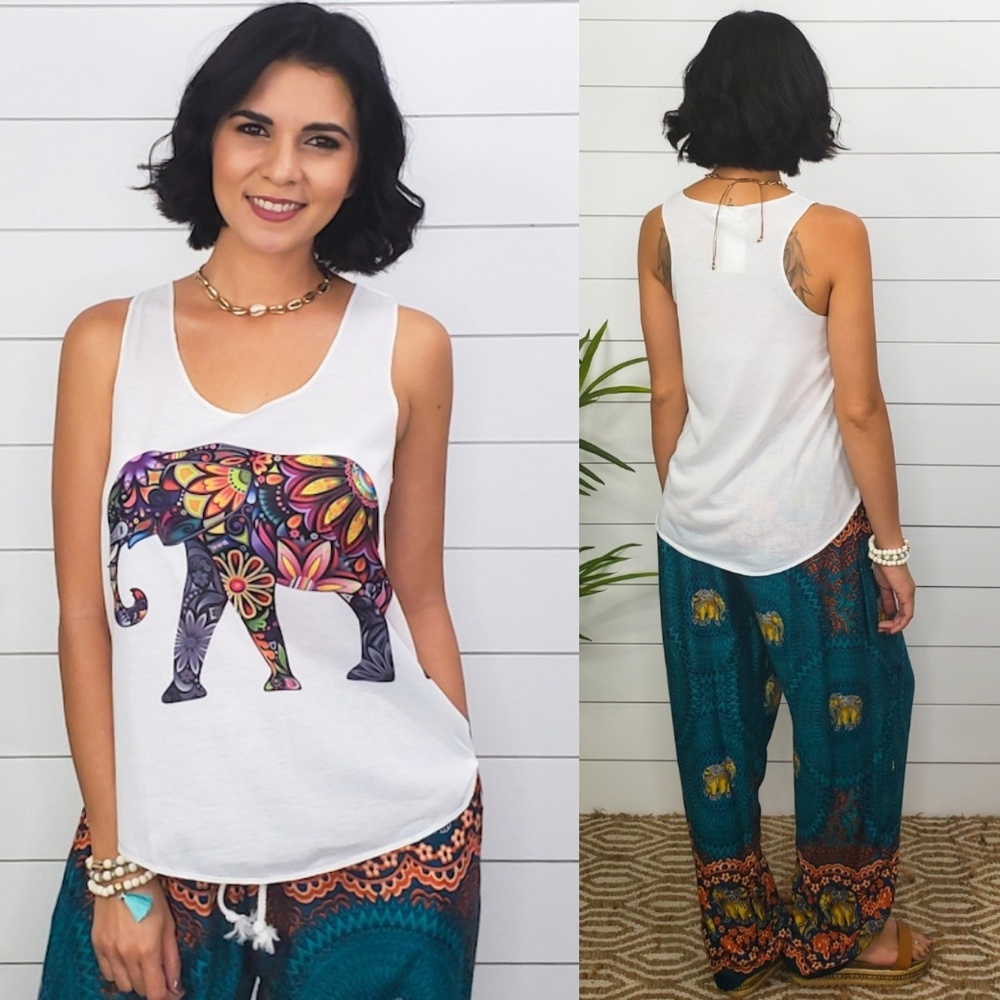 Groovy Elephant Sleeveless Tank Top- White